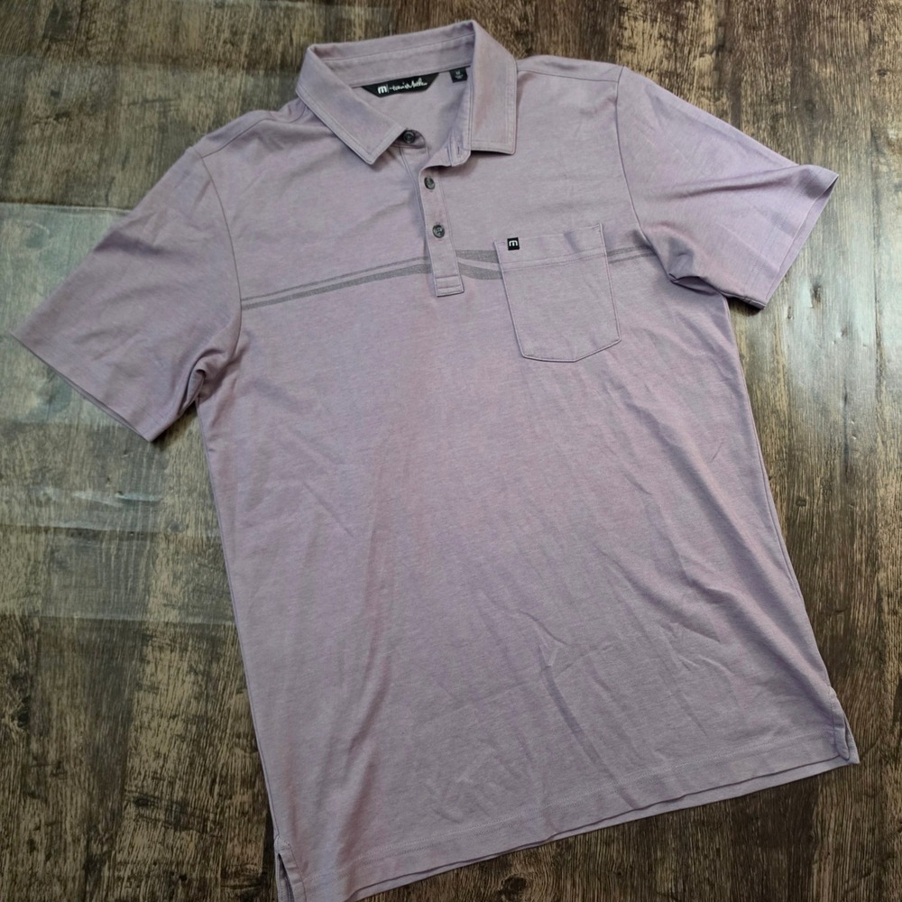 TRAVISMATHEW Polo Shirt‎ Mens M Purple Heathered Chest Stripe Pocket Golf Tee
